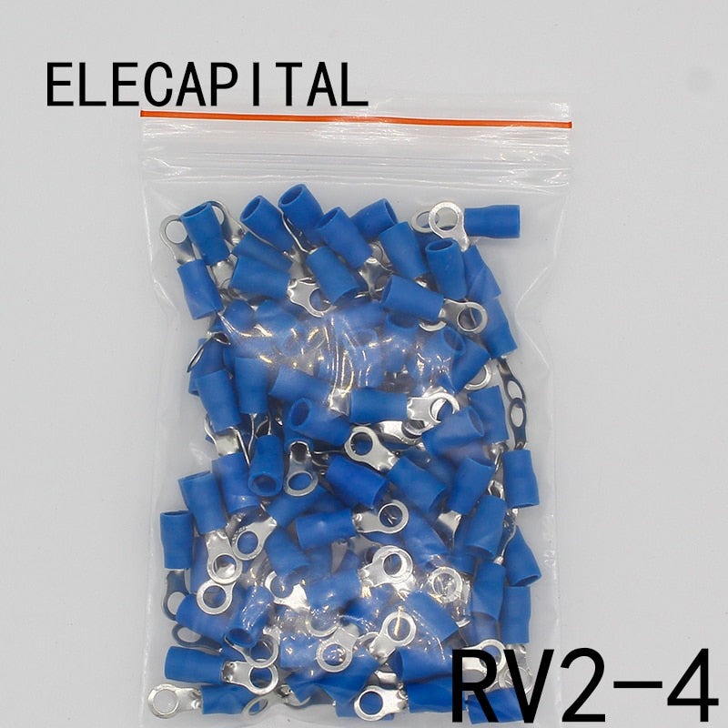 RV2-4 Blue Ring Insulated Wire Connector Electrical Crimp Terminal Cable Wire Connector for 1.5-2.5mm2 100PCS/Pack RV2.5-4 RV